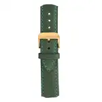 PAUL HEWITT PH-M1-G-B-12S-2 A dark green leather watch strap with teal stitching and a gold buckle, featuring multiple adjustment holes for size customization.